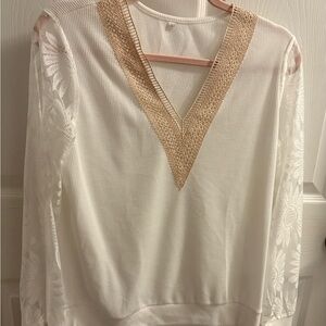 # 26  NEW  Elegant White and Gold Lace V-Neck Women's Top w white lace sleeves